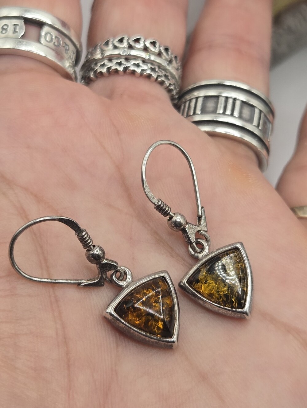 Sterling Silver Amber Triangle Drop Earrings - Brown Amber